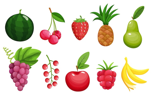 Set of colorful fruit icons apple, pear, strawberry, raspberry, banana, watermelon, pineapple, grapes, cherry, red currants.