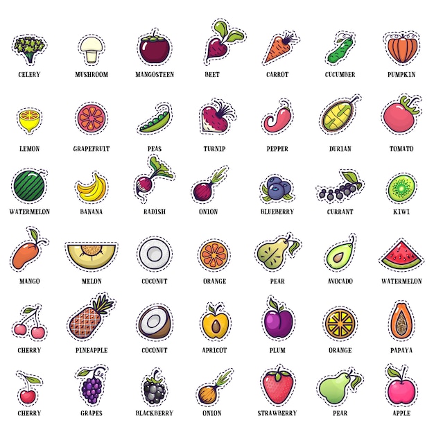 Set of colorful fruit icons isolated on light background.