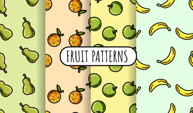 Set of colorful fruit seamless patterns. Flat design collection