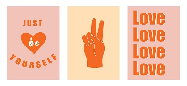 Vector set of colorful groovy posters in 70s and 60s hippy style peace gesture and positive phrases