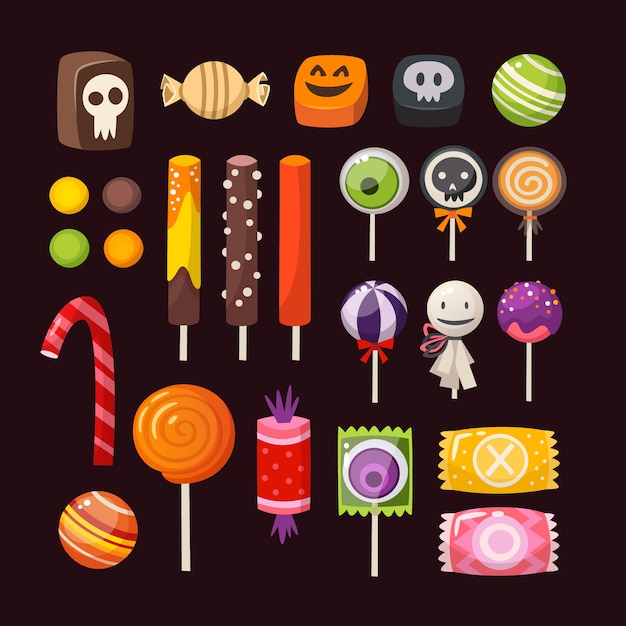 Set of colorful Halloween sweets for children. Vector candies decorated with halloween elements.