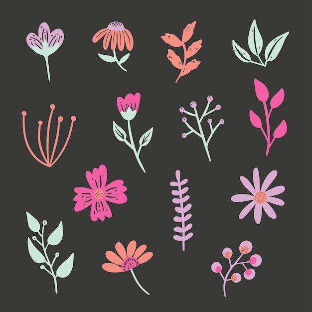 Set of colorful hand drawn floral elements