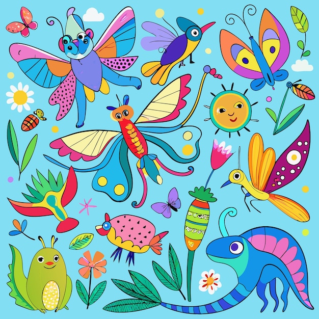 Vector set of colorful handdrawn animals with butterflies