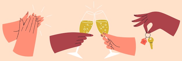 Set of colorful hands holding different objects Hands with key champagne applause