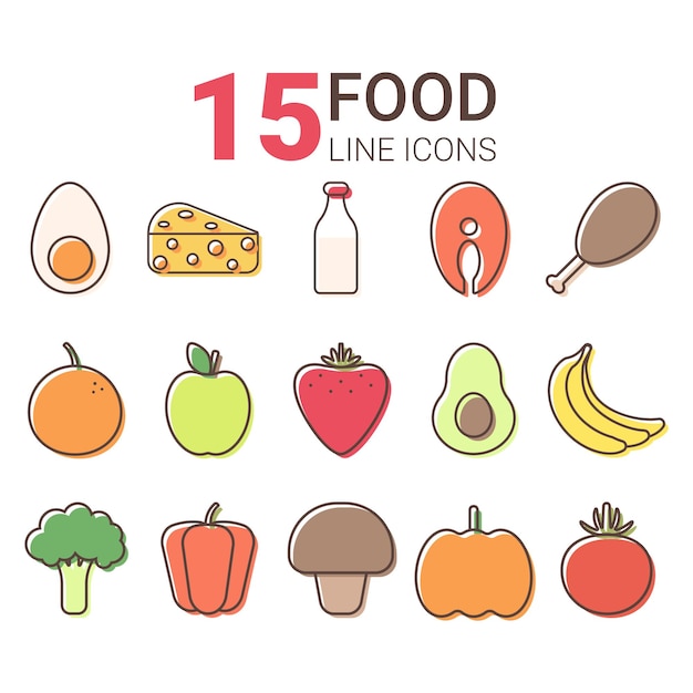 Set of colorful healthy food icons with outline