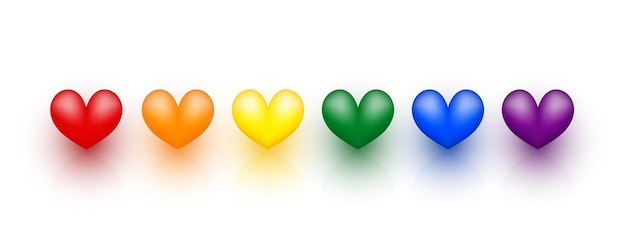 Set of colorful hearts 3d shapes with Red Orange Yellow Green Blue and Purple Love icon