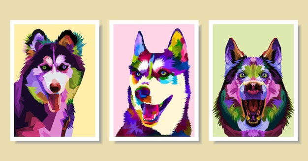 set of colorful husky dog on pop art style.