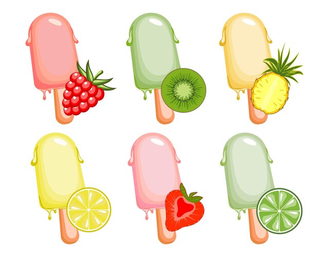 Vector set of colorful ice creams on a stick collection of popsicles with pieces of fruit