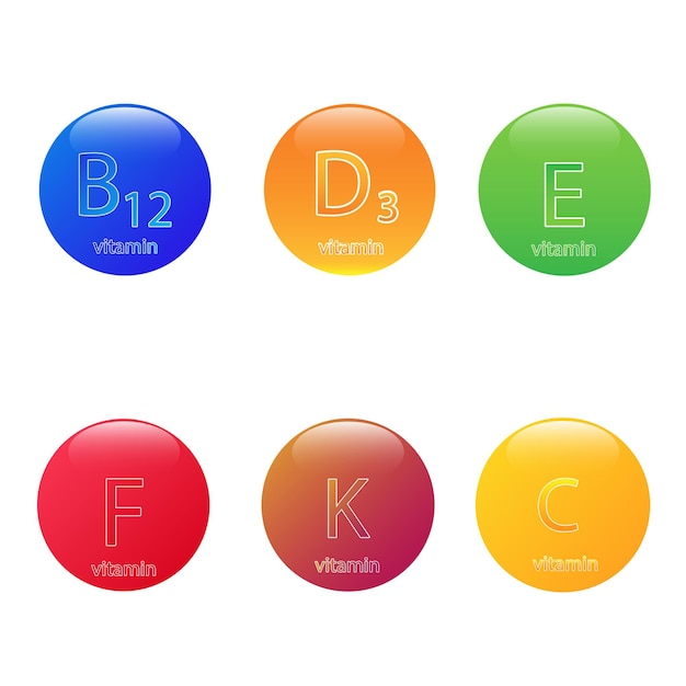 A set of colorful icons on the theme of vitamins Vitamins D 3 C K B 12 Fx9xA