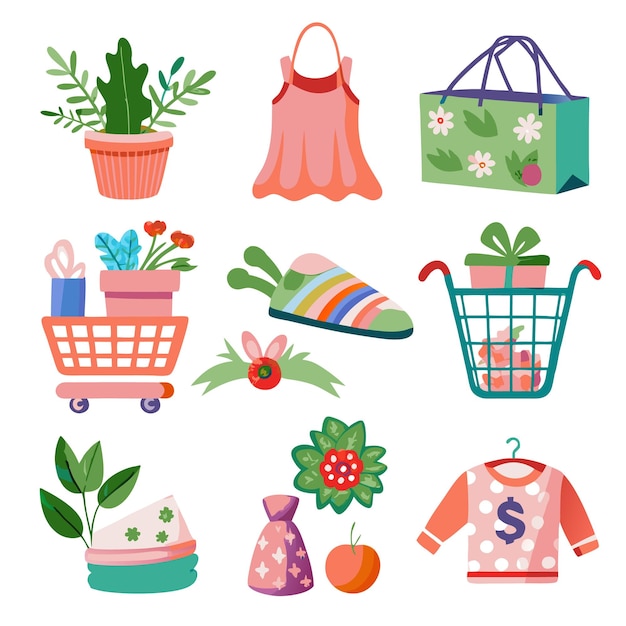 Set of colorful illustrations with shopping flowers clothes and other elements