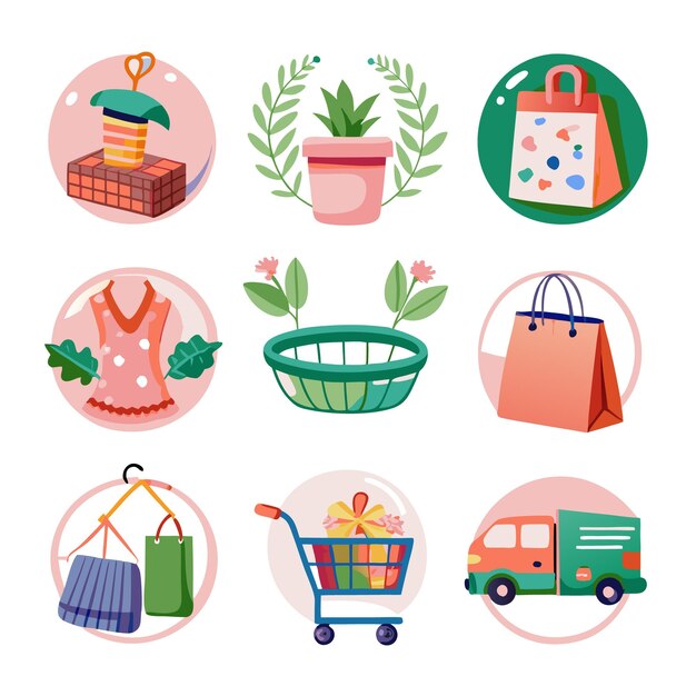 Set of colorful illustrations with shopping icons potted plant gift box bags shopping cart and delivery truck