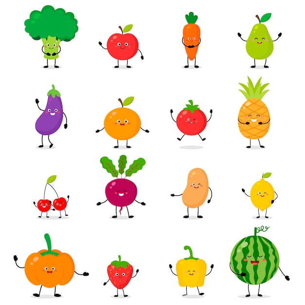 Set of colorful images of cute cartoon vegetables and fruits. Food cartoon characters concept.