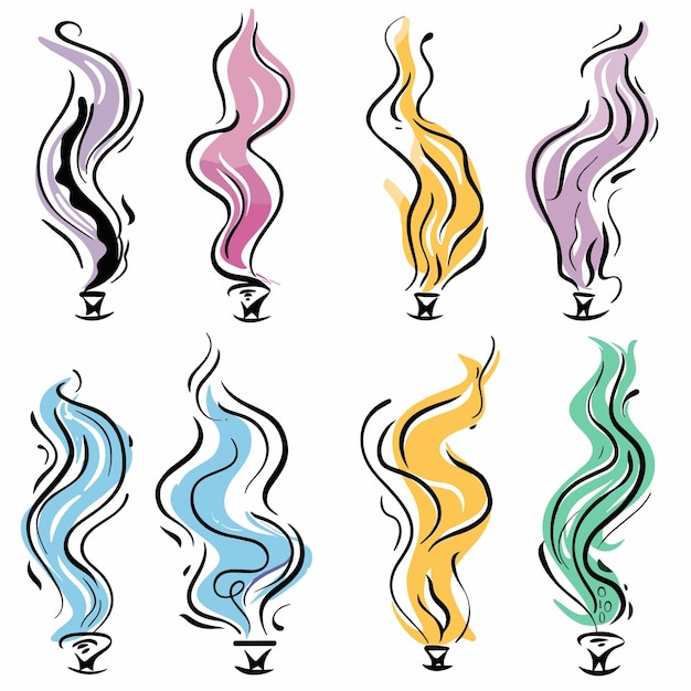 Set colorful incense smoke illustrations various hues emanating small holders Swirling patterns