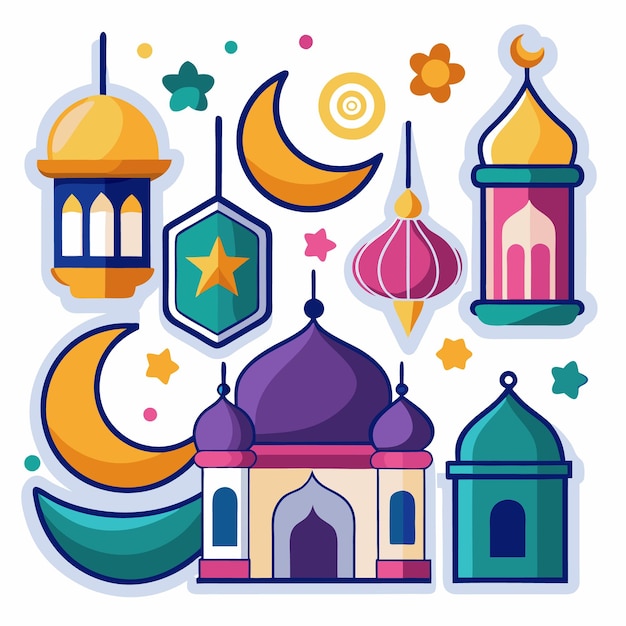 Set of colorful Islamic elements with a mosque crescent moons stars and lanterns