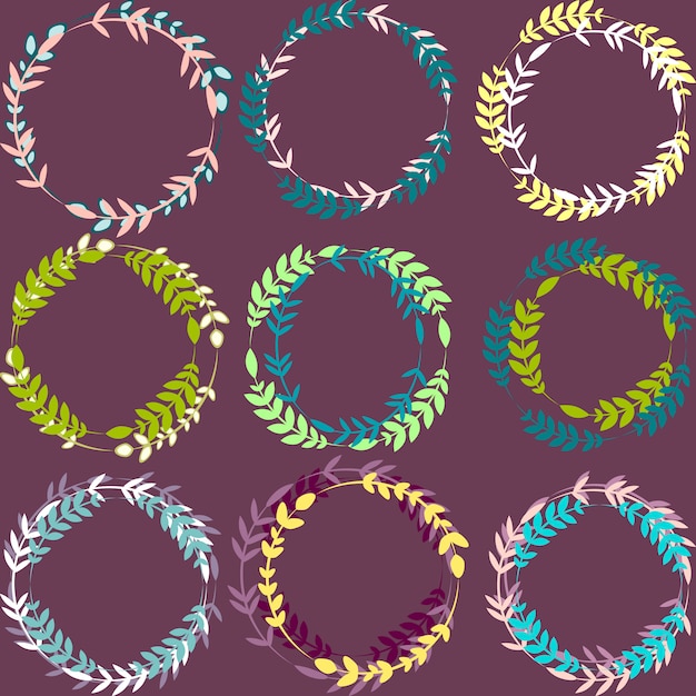 Set of colorful leafy wreaths vector round frames