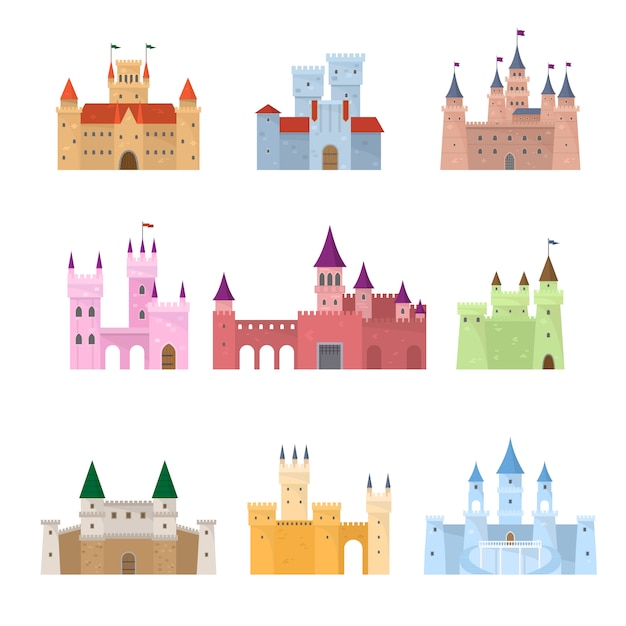 Set of colorful medieval fairy tale princess castle