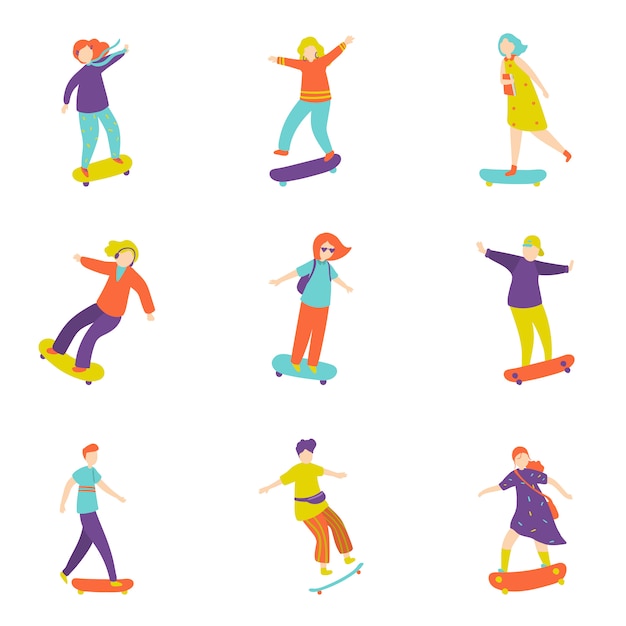 Set of colorful modern young people at skateboard tricks