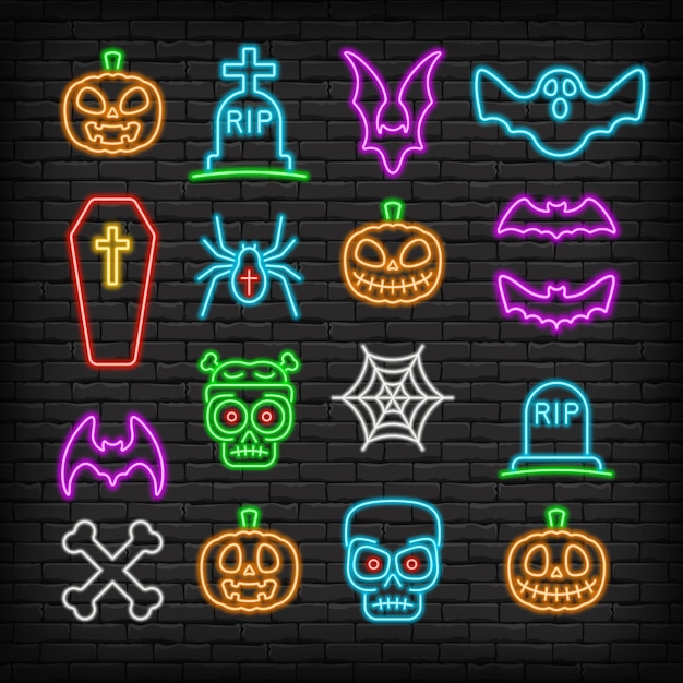 set of colorful neon halloween icons