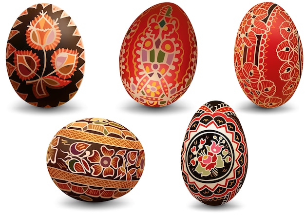 Set of Colorful Painted Easter Eggs - Richly Decorated Eggs as Illustrations Isolated on White Background, Vector