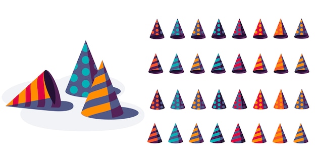 Set of colorful party hats isolated on white background. Birthday caps set. Happy Birthday festive, illustration.