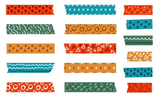 Vector set of colorful patterned washi tape strips and pieces of duct paper