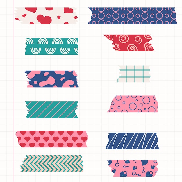 Set of colorful patterned washi tape strips. Vector illustration of a cute decorative scotch tape.