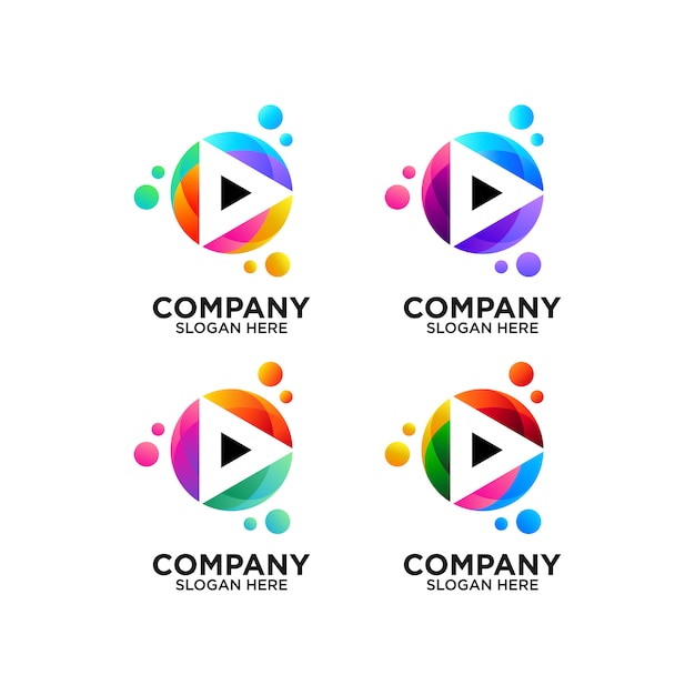 set colorful play button with bubbles logo design