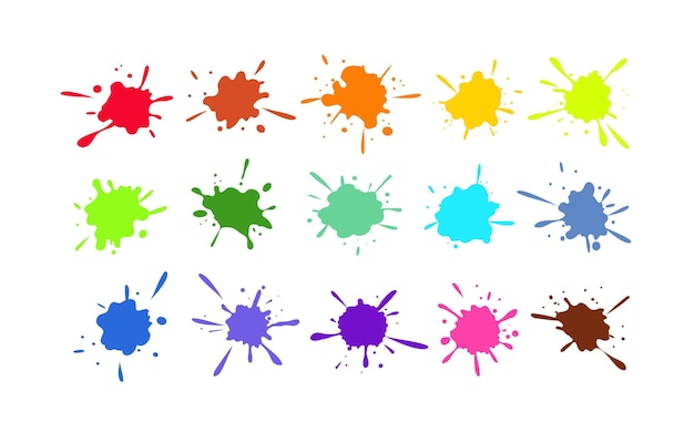 Set of colorful realistic blots splashes with scattered drops Various dynamic sprinkle shapes