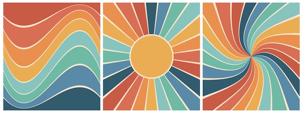 Set of colorful retro boho backgrounds with rainbow and sun Trendy groovy print design for posters