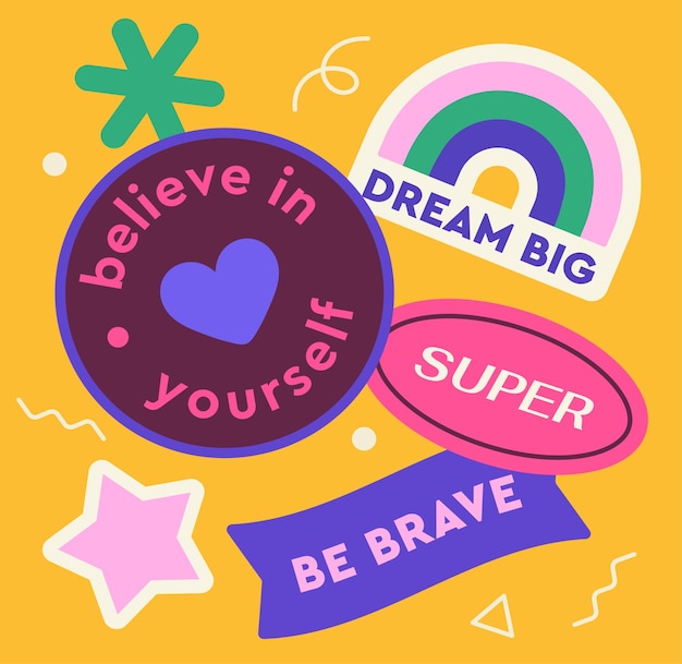 Set of colorful retro stickers abstract shapes with text rainbow with dream big inscription positive