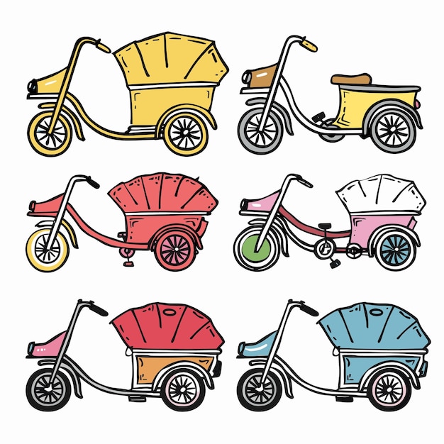 Set colorful rickshaw vector illustrations handdrawn Asian transportation vibrant tricycle taxi