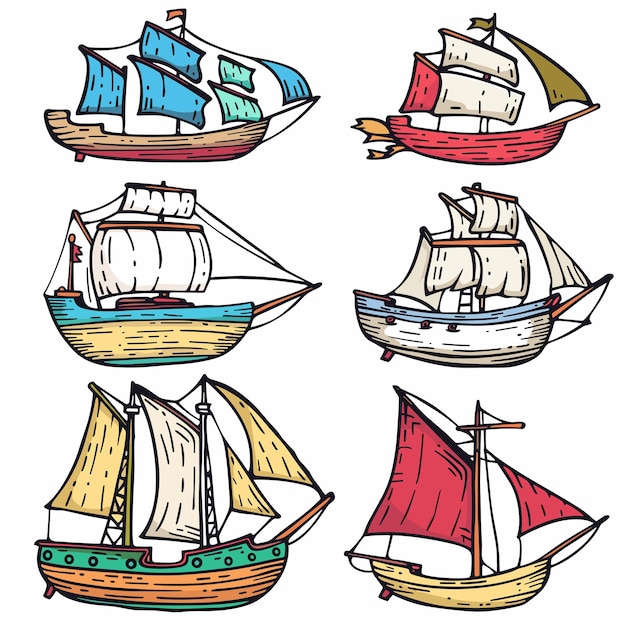 Vector set colorful sailboats handdrawn style nautical vessels illustration childrens book graphics