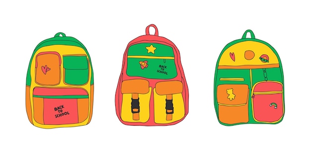 Set of colorful school backpacks Hand drawn vector school bag isolated on white background