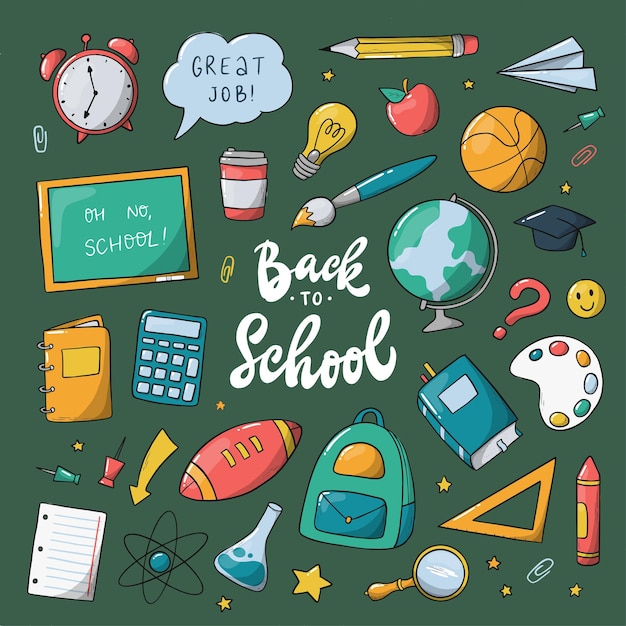 set of colorful school doodles supplies clipart stickers prints planners