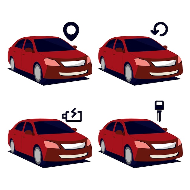 Set of colorful sedan car illustrations with location icon