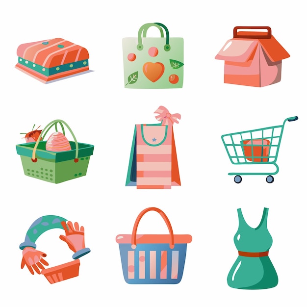 Set of colorful shopping bags baskets and carts