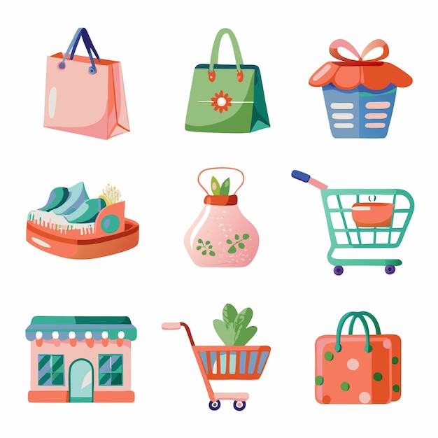 Set of colorful shopping bags a gift box a shopping cart and a store building