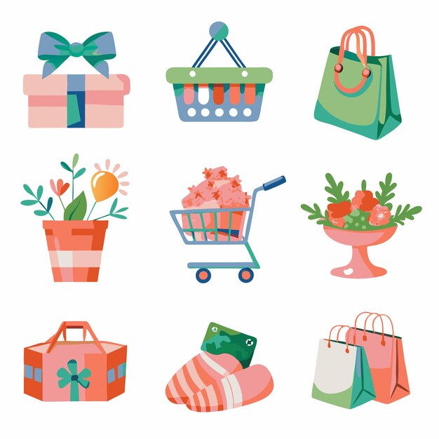 Set of colorful shopping and gift related elements