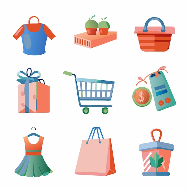 Vector set of colorful shopping icons with various items