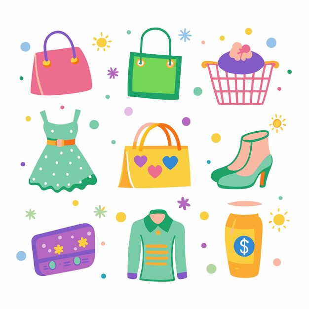 Vector set of colorful shopping items including purse shoes dresses and bags