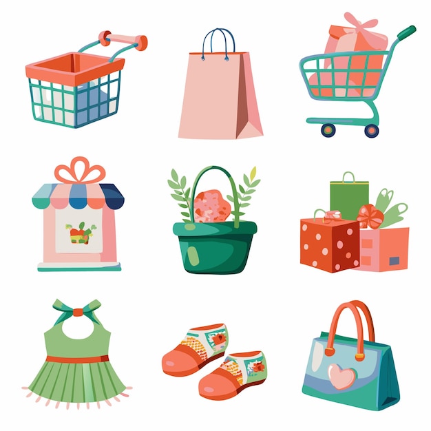 Set of colorful shopping related elements including a shopping cart basket bags shoes a dress and a gift