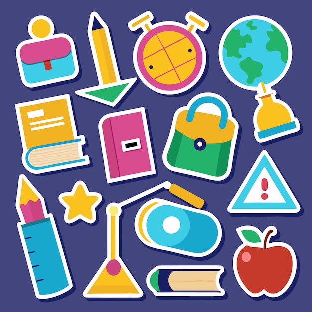 Set of colorful stickers for school supplies such as pencils books and apples