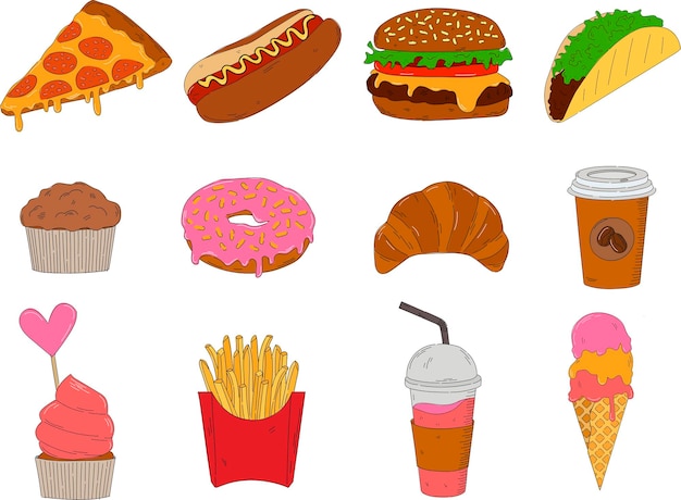 Set of colorful takeaway food. Hand-drawn vector illustration - Fast food (hot dog, hamburger, pizza,  donut, tacos, ice cream, croissant, coffee, cupcake). Design elements in sketch style.