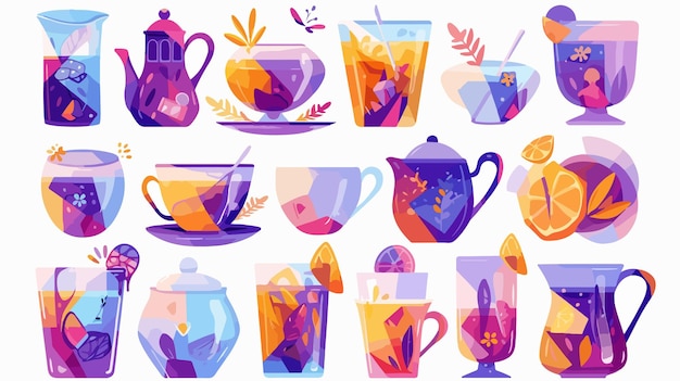 Vector a set of colorful tea cups and tea cups