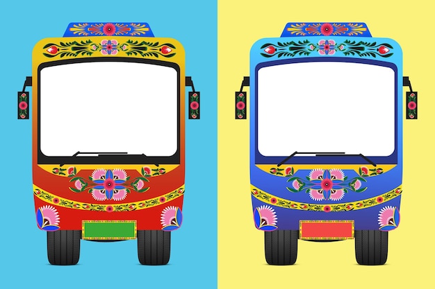 Set of colorful trucks with a colorful flower pattern on the front