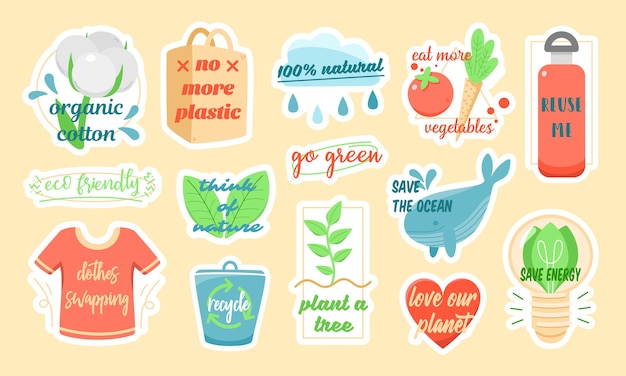 Set of colorful vector stickers of various ecological symbols with inscriptions about environment protection designed as part of eco friendly campaign