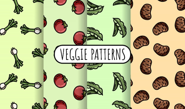 Set of colorful vegetables seamless patterns. 