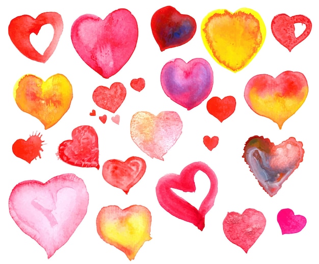 Set of colorful watercolor hearts