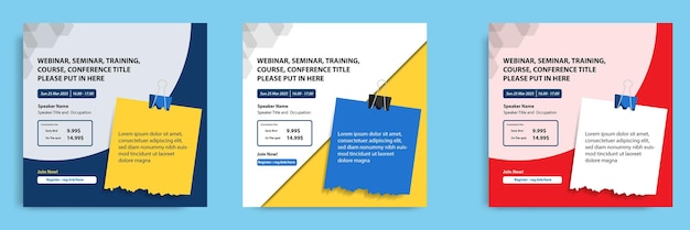 Vector set of colorful webinar, seminar, training, course modern square banner and flayer layout template