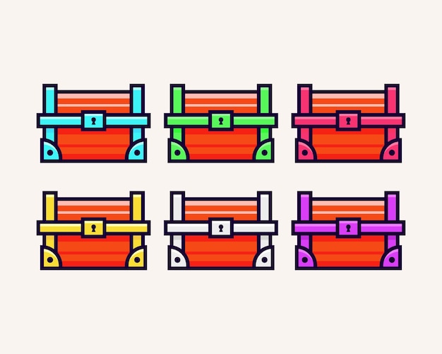 A set of colorful wooden treasure chest icons.